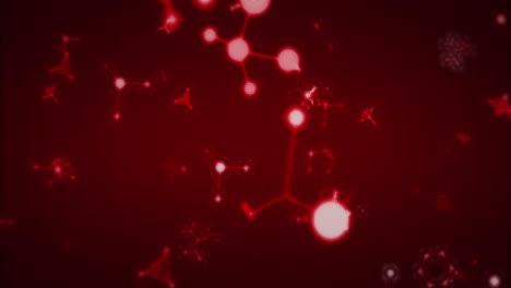 3d glowing red molecules animate in a loop on a red background for science.