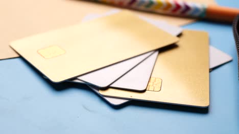 selective focus close up of credit cards on wooden background