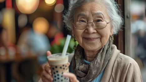 elderly woman enjoying bubble tea
