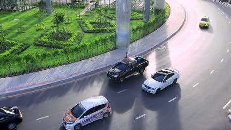 bangkok , thailand - 12 june, 2020 : high view of traffic car at wat phra sri mahatat bts station