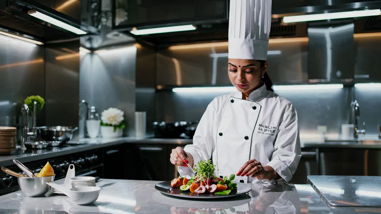 A professional chef garnishes a dish in a modern kitchen. The video captures a low-angle view
