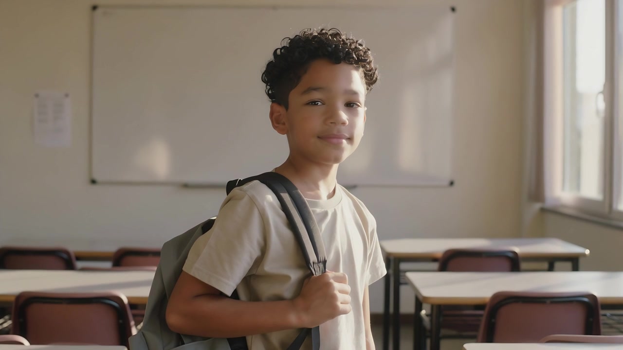 Bambino che entra in classe e si posiziona al centro, indossando una maglietta beige e regolando lo spallaccio dello zaino grigio.