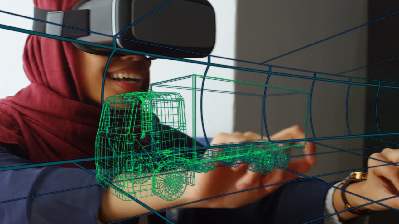 Animation of digital 3d drawing of car over woman using vr headset