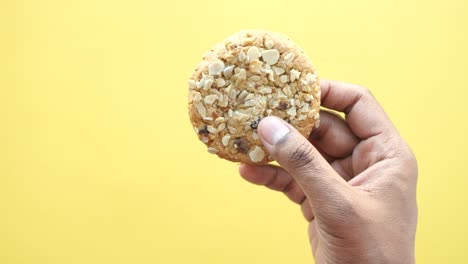 hand holding an oatmeal raisin cookie