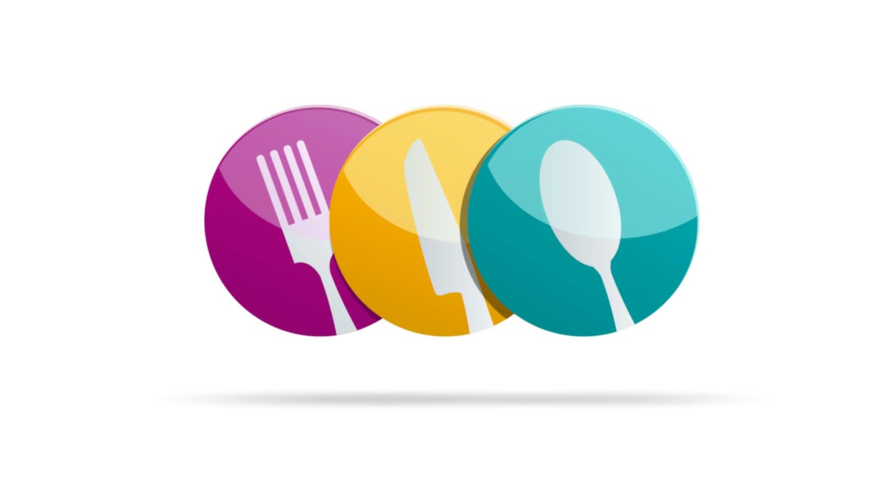 3 개의 접시, 식구. 요리 및 레스토랑의 개념. 애니메이션 일러스트레이션, 4k 영상