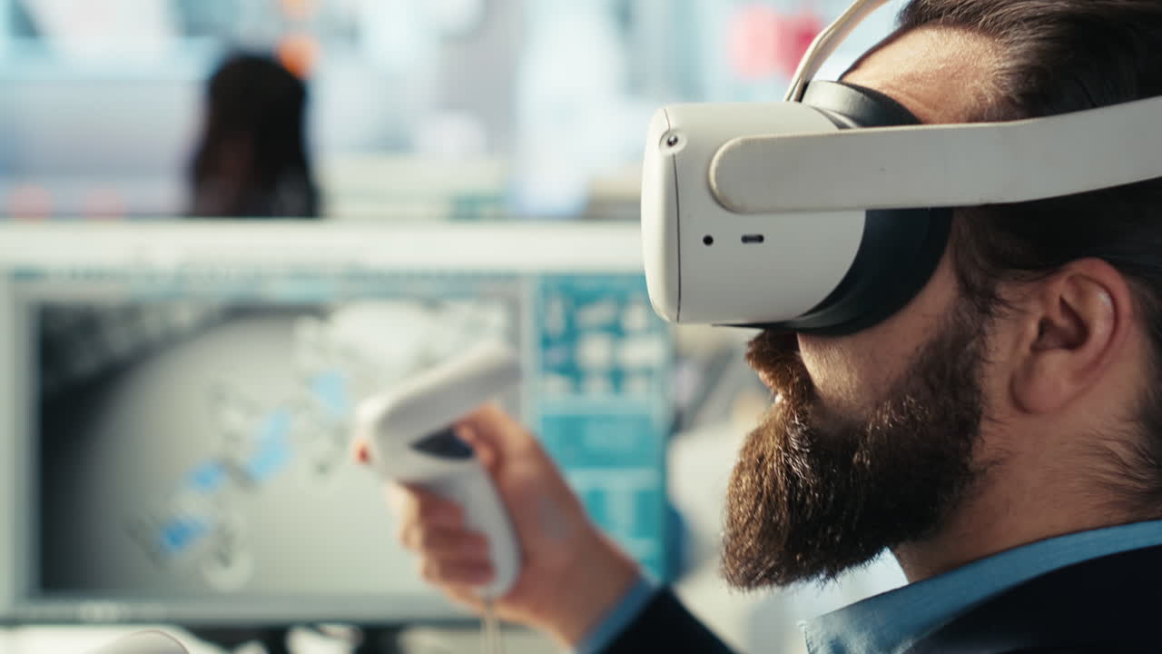 Solar panels plant expert designing assembly lines in virtual reality, close up