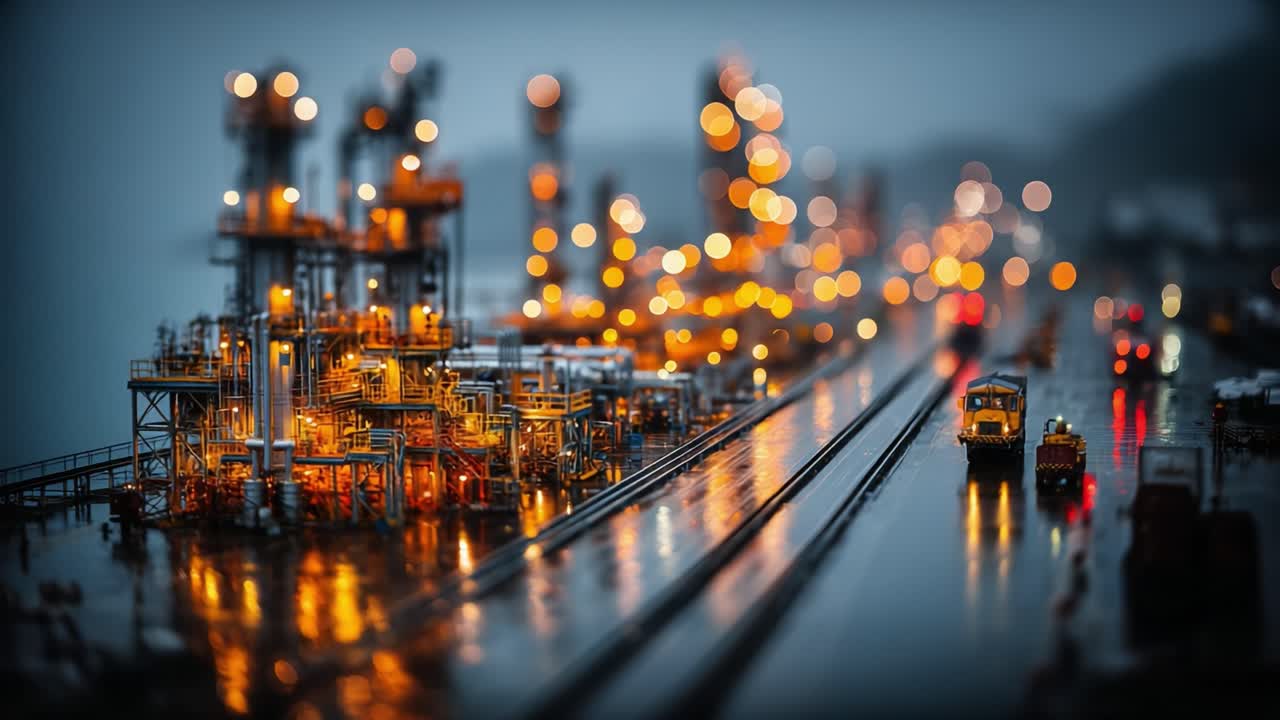 Une lueur mystérieuse au milieu de l’industrie : scène de nuit captivante d’une raffinerie de pétrole et de voies ferrées avec une atmosphère lumineuse