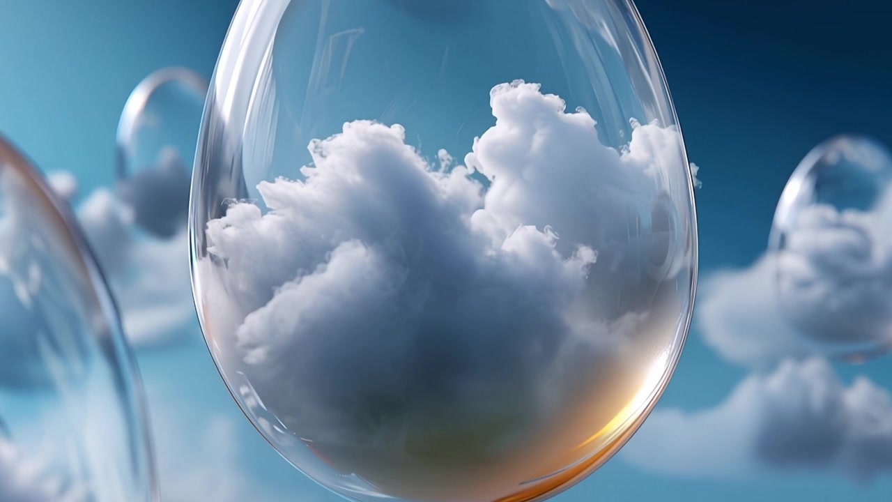 Clouds Floating Inside Transparent Bubbles in a Blue Sky