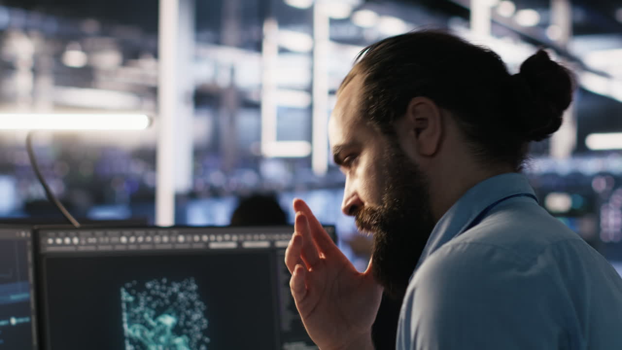 Vertical video Exhausted computer scientist in server room suffering from mental fatigue