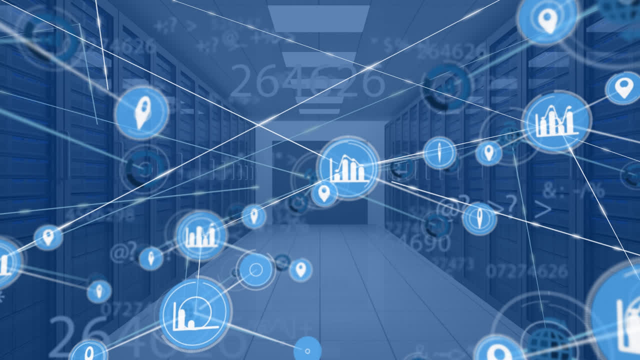Animazione di una rete di connessioni con icone digitali e numeri su server di computer