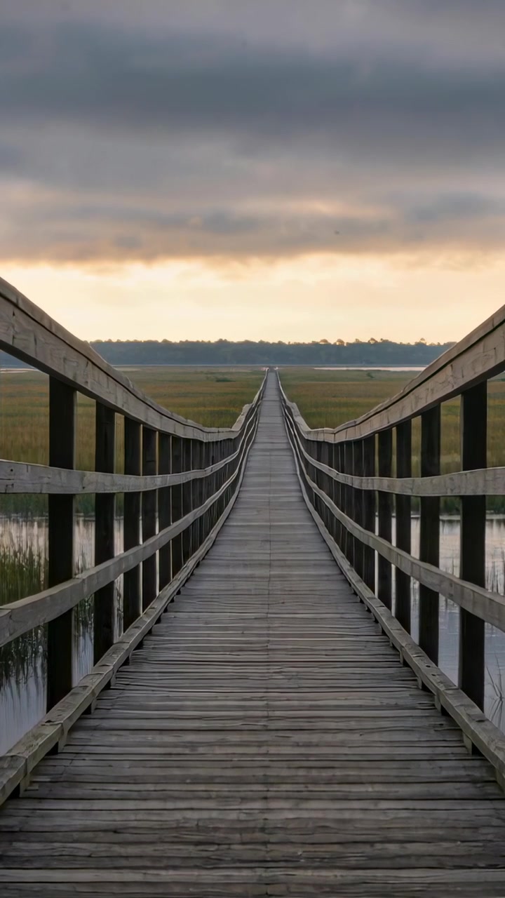 Vertical video: Gliding cam starting forward, boardwalk inching to treeline over marsh showing glow