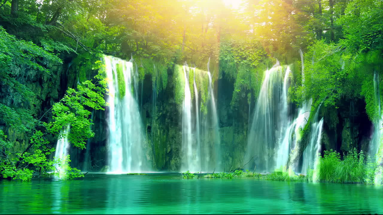 durante el día antiguo tradicional chino paisaje japonés pintura a tinta de hermosas cascadas árboles tranquilos, montañas, flores, lago, agua, pájaros, cielo azul, barco, temporada de flores de cerezo