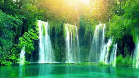 giorno antico tradizionale cinese giapponese paesaggio inchiostro pittura di bellissime cascate alberi tranquilli, montagne, fiori, lago, acqua, uccelli, cielo blu, barca, fiori di ciliegio stagione