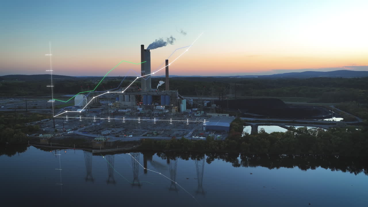 анимация 3d графика положительного восходящего графика над угольной станцией и электростанцией, работающей на ископаемом топливе