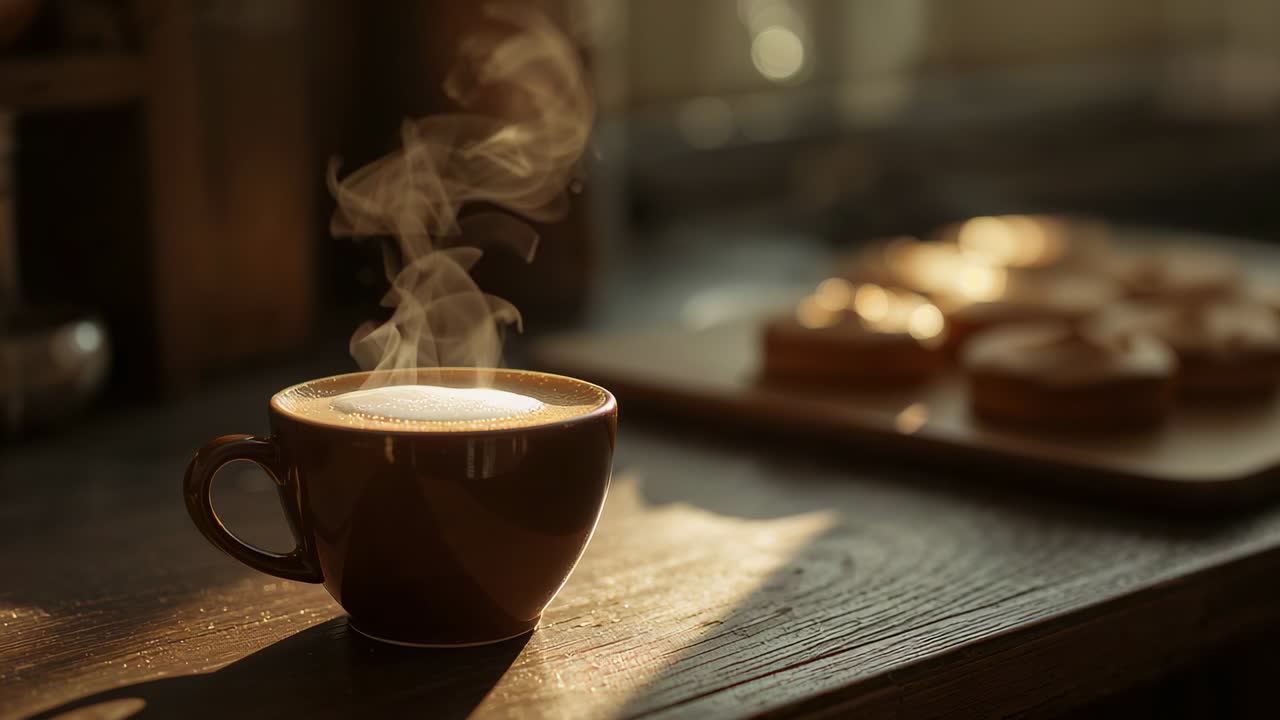 Brown ceramic cup of hot coffee releasing steam on tabletop by sunlit window, pastries, copy space