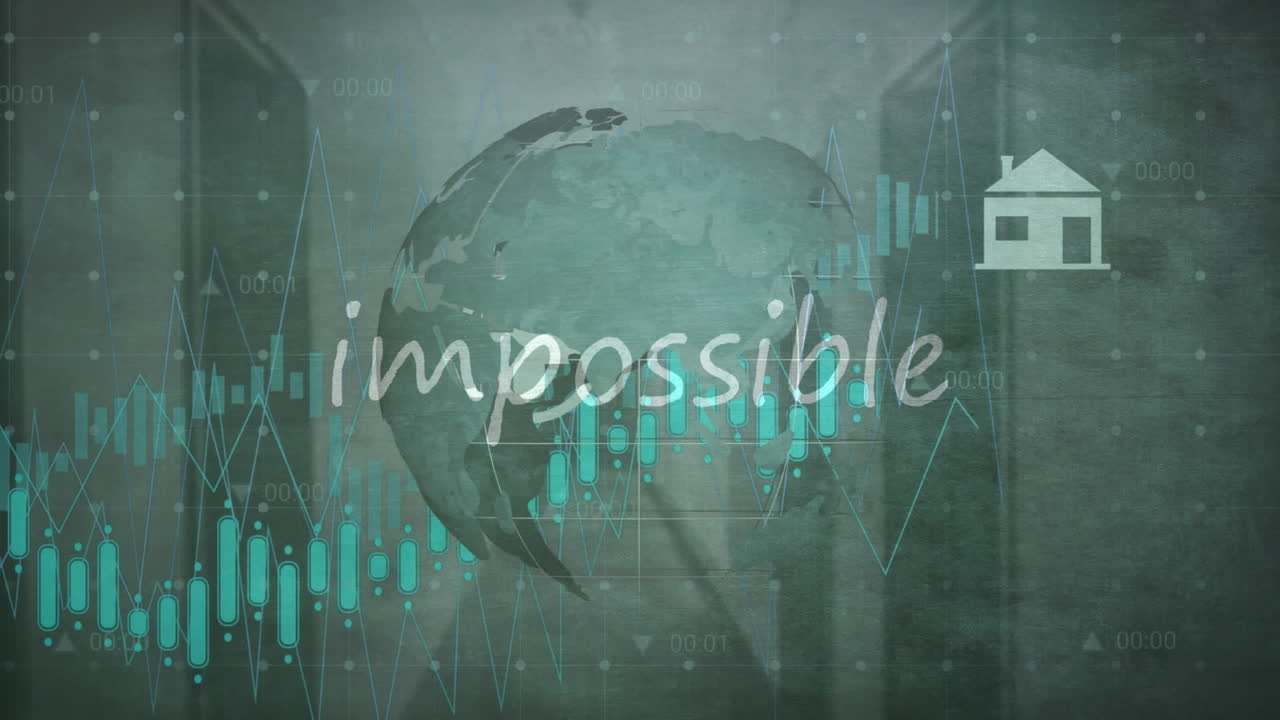 전 세계 금융 데이터 처리 및 디지털 아이콘에 대한 불가능한 텍스트 배너의 애니메이션
