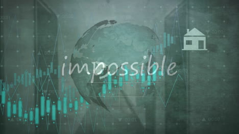 animación de banner de texto imposible sobre el procesamiento de datos financieros e íconos digitales en todo el mundo.