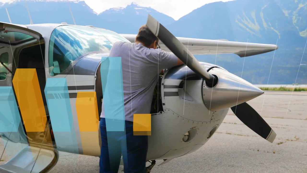 Pilota che ispeziona il motore di un aereo sul piazzale dell'aeroporto, mostrando grafici animati delle prestazioni tecnologiche