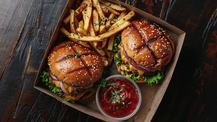 Delicious cheeseburgers and fries in takeaway container