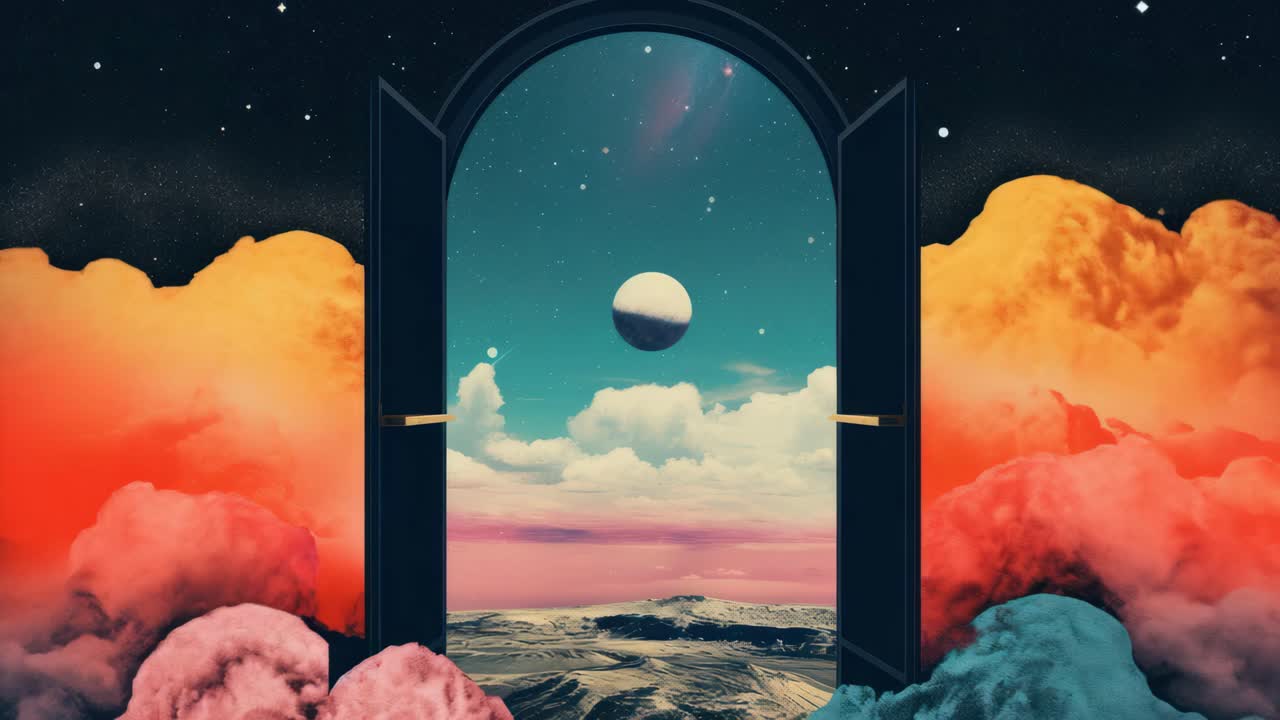 Conceito de vídeo surreal com uma vista em ângulo baixo através de uma porta aberta, revelando uma paisagem onírica.