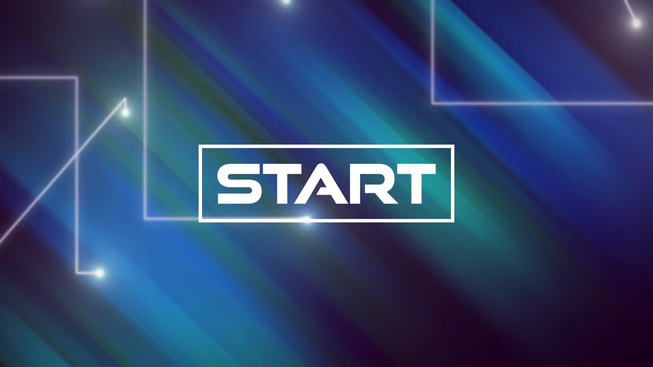 Animation of start text in white with glowing light network over blue and green blur