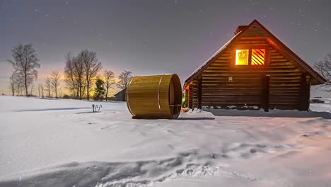 Cabaña-De-Madera-En-El-Frío-Paisaje-Invernal