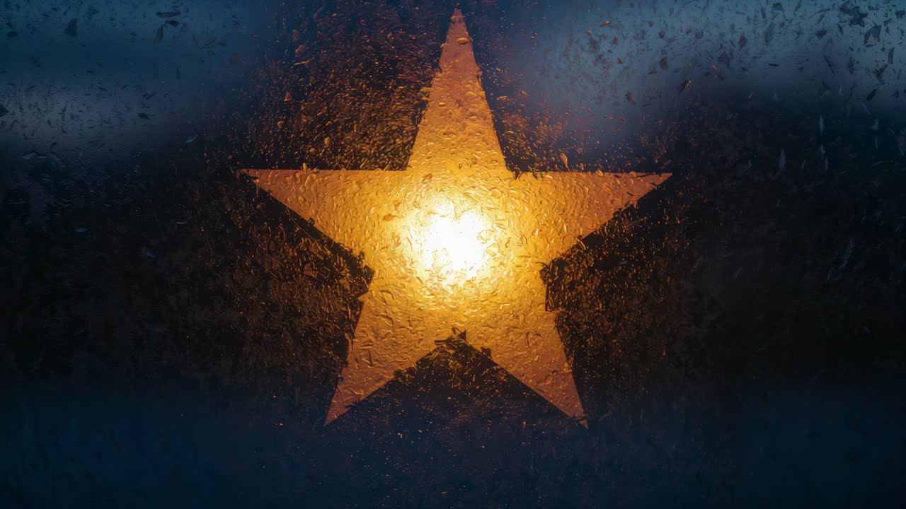 Shimmering five-point star cutout and droplets catching flickering lamp glow at dusk, lamp behind