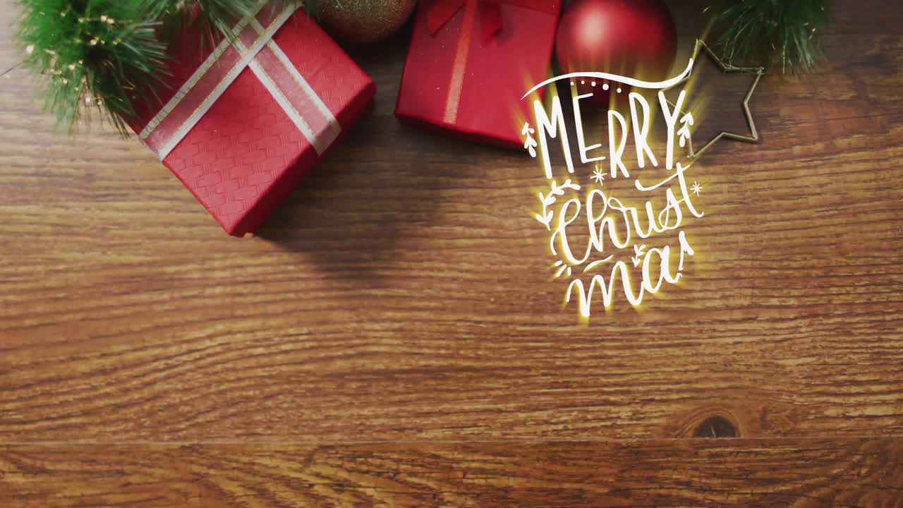 Animation of merry christmas text over christmas presents
