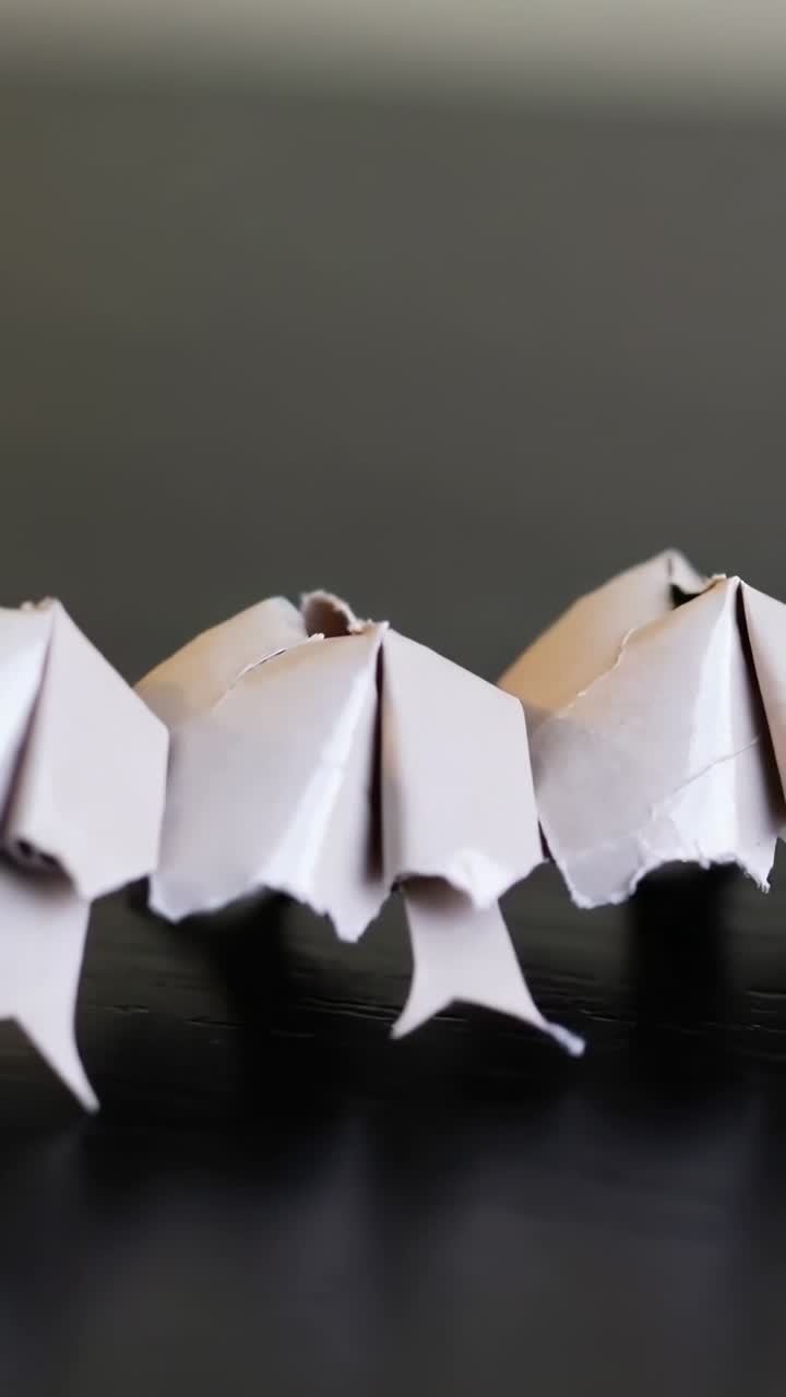 Vertical video: Tilting white folded chain rocking right on dark tabletop, lifting triangular tabs