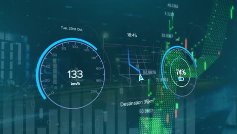 animation of financial data processing and electric car speedometers