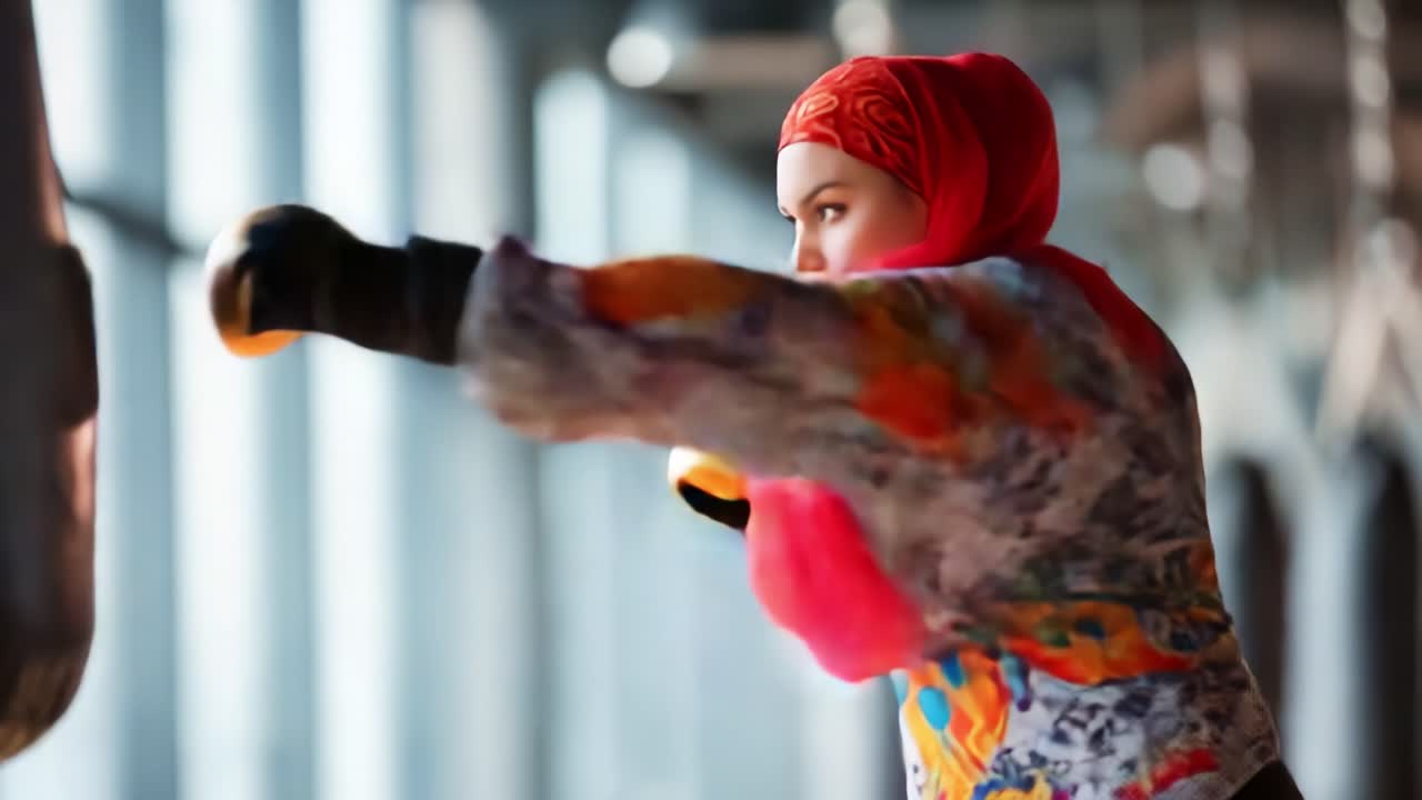 Empowered Focus: A Determined Individual in a Vibrant Outfit Training with Resilience and Skill Against a Heavy Bag, Representing Strength and Perseverance in Martial Arts