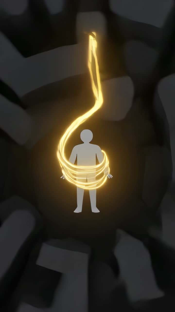 Video vertical: Cinta dorada deslizándose desde la izquierda, envolviendo un icono gris en un laberinto 3D oscuro, creando un resplandor.