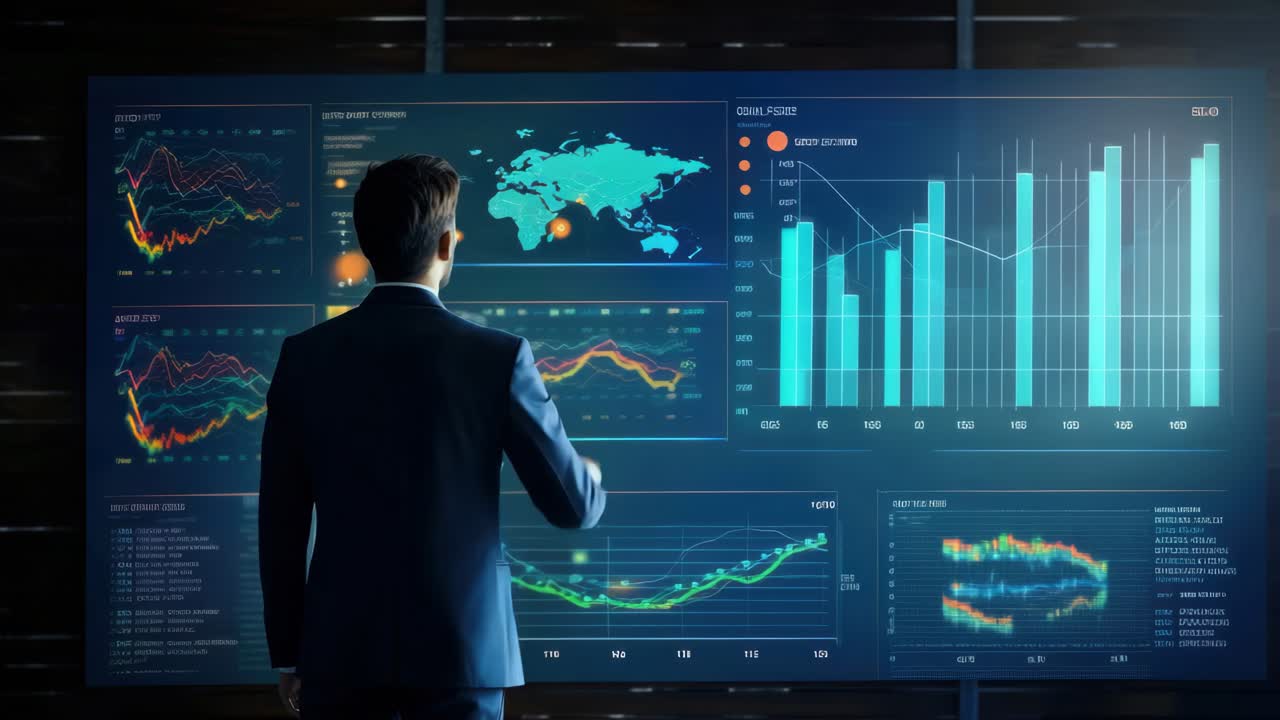 A businessman in a suit interacts with a digital screen displaying data charts