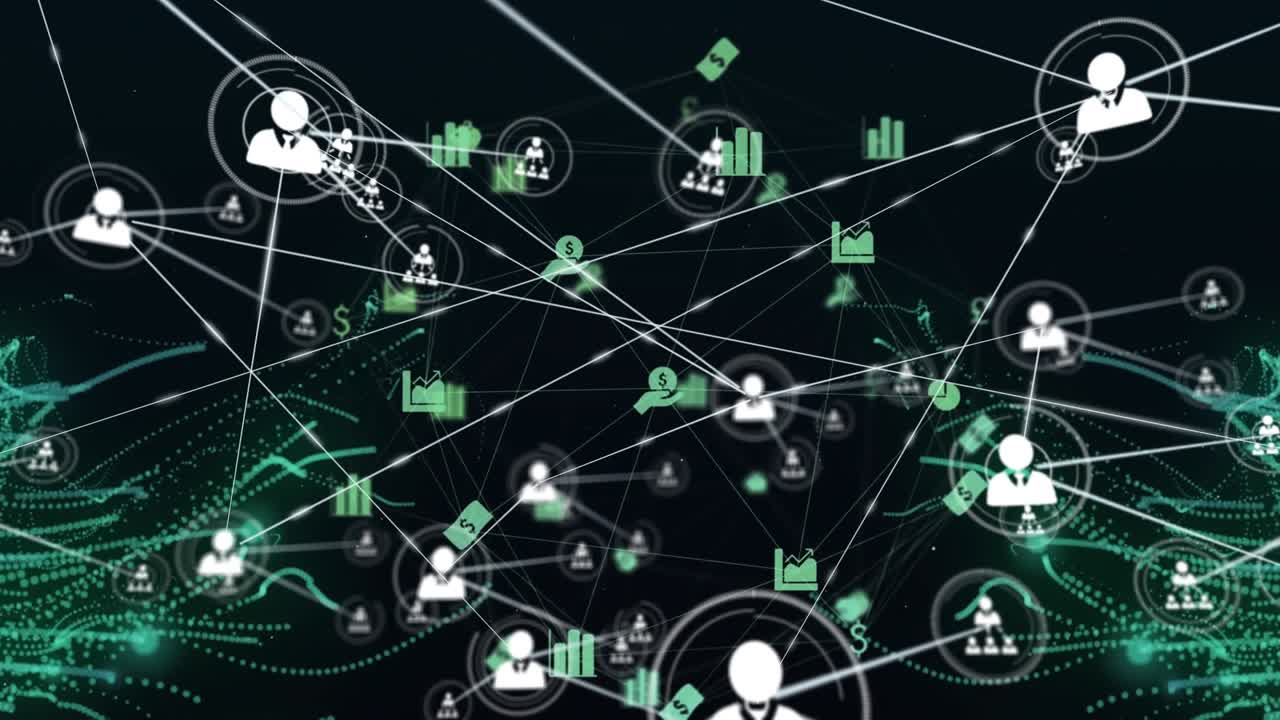 Animation of network of profiles over digital waves and globe of financial icons on black background