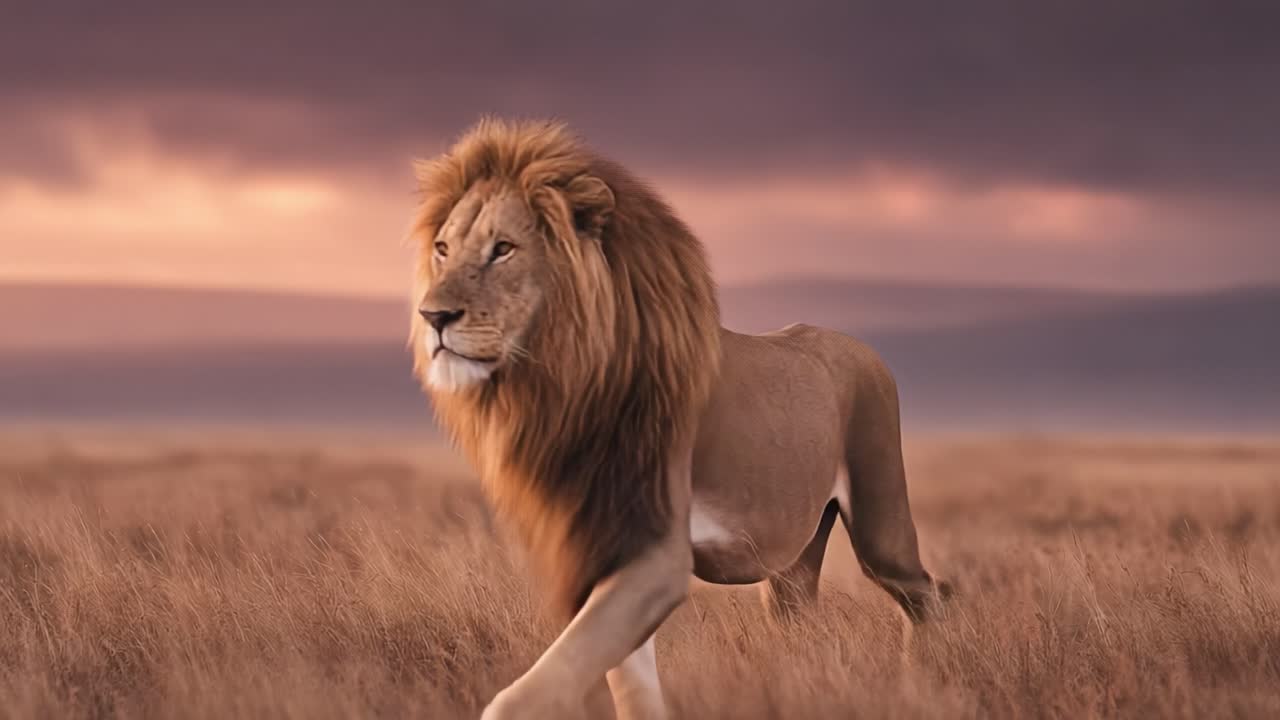Majestic Lion Strolling Through Golden Grassy Plains Under a Dramatic Sunset Sky Highlighting Nature's Beauty and the Majesty of Wildlife in the African Savanna