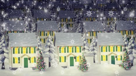 Animation-of-snow-falling-in-night-winter-landscape-with-houses-seen-through-window