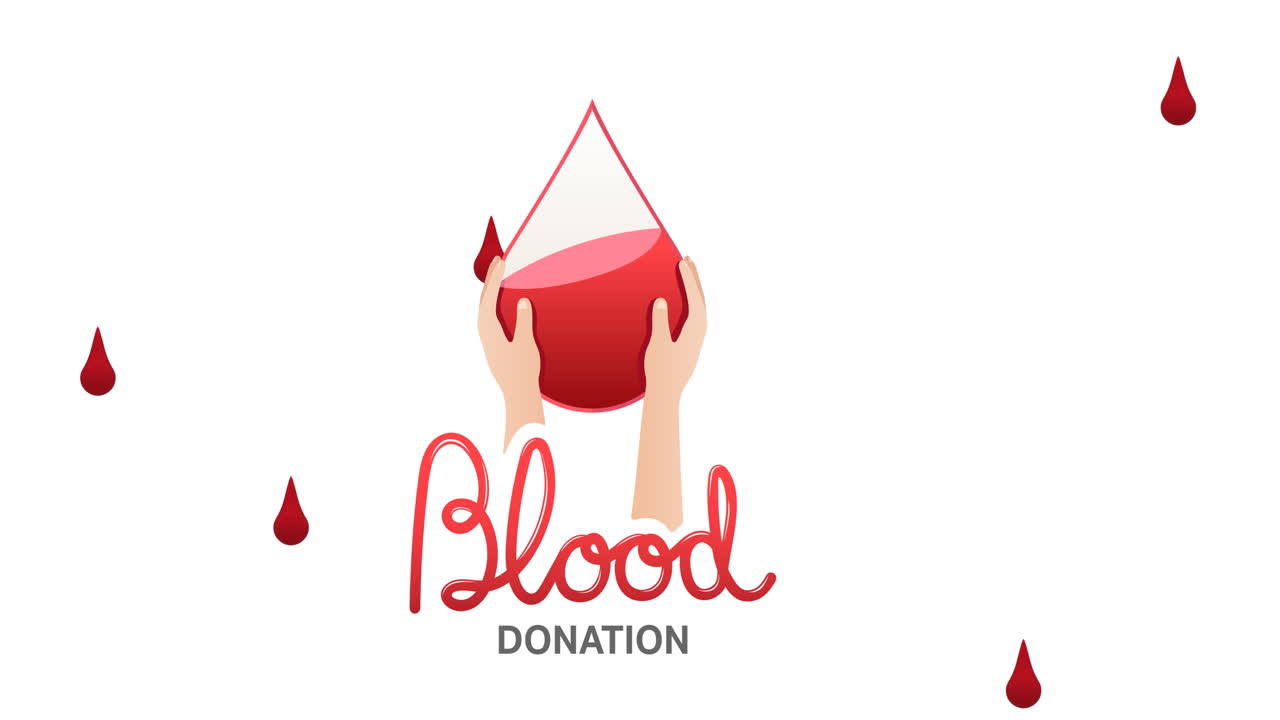 animación del texto de la donación de sangre y las gotas de sangre que caen sobre un fondo blanco
