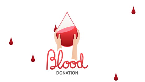 animation of blood donation text and blood drops falling over white background
