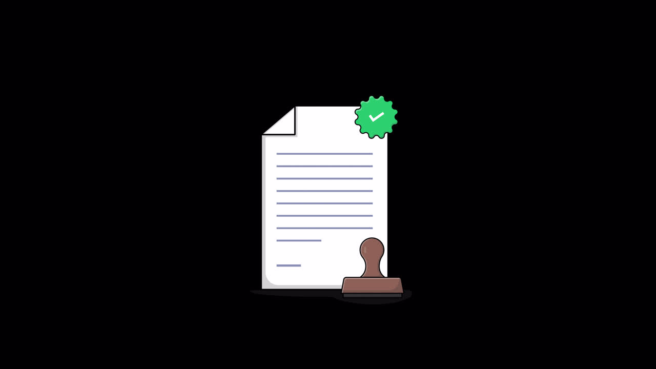 Documento animato con timbro e segno di spunta verde