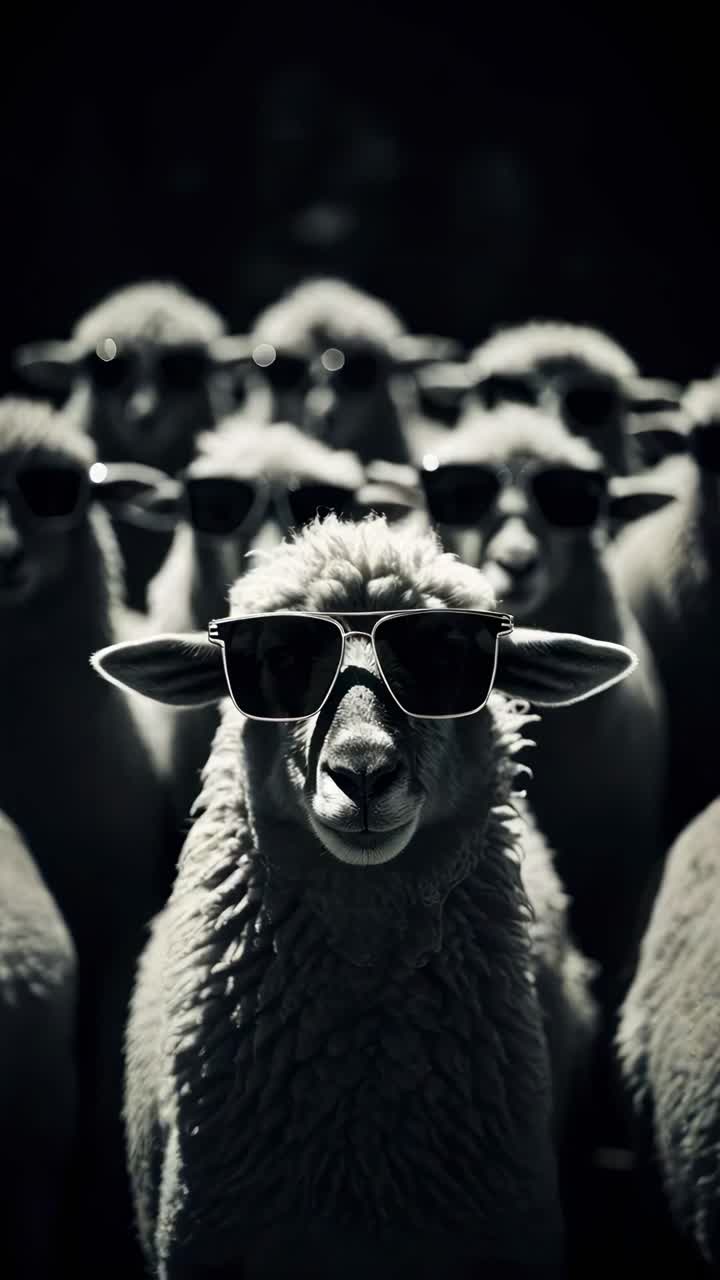A group of sheep wearing sunglasses, captured from a low-angle, creating a humorous and surreal