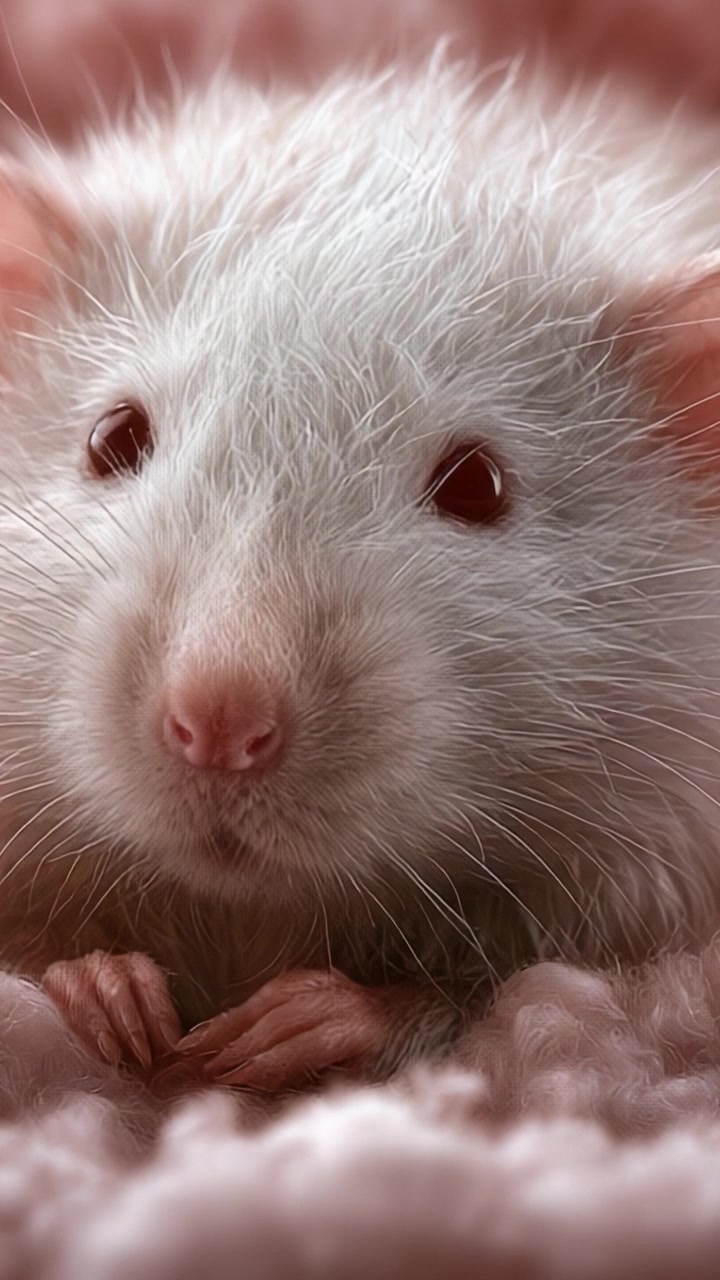 Un primo piano di un soffice ratto bianco che mostra le sue adorabili caratteristiche e la sua morbida pelliccia in un ambiente delicato, evidenziando la sua personalità giocosa e il suo fascino