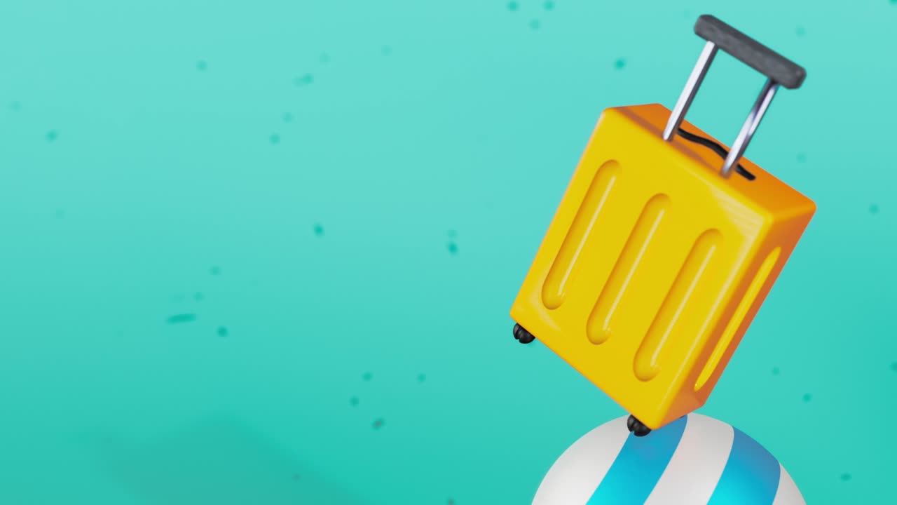 maleta de viaje girando en un bucle de pelota de playa animación 3d. tema de viaje de verano