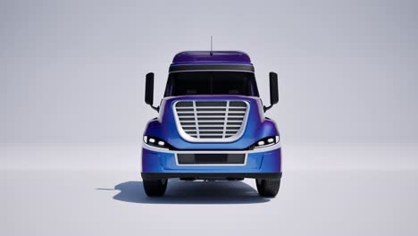 semi-camion de color azul de estilo estadounidense con remolque en fondo blanco animación 3d cámara zoom en