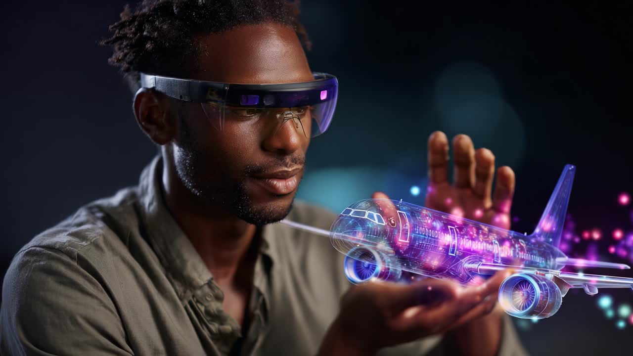 Udforskning af avanceret luftfart: En person med en holografisk flymodel, der bruger augmented reality-teknologi til innovativt design og ultrarealistisk visualisering