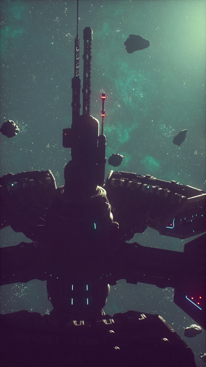 una gran estación espacial con una torre central y múltiples brazos, rodeada de estrellas