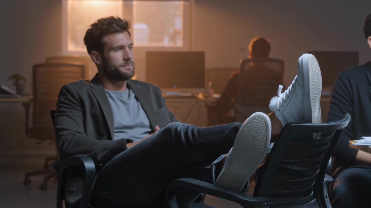 Uomo con blazer scuro appoggiato, che poggia le scarpe da ginnastica sulla sedia adiacente in ufficio mentre un collega lavora.