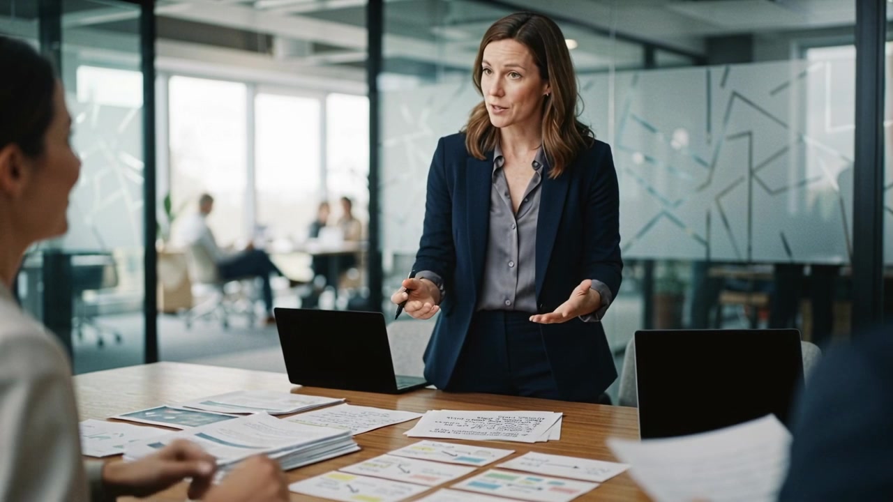 Placing sheet, navy-blazer woman presenting charts at office table, gesturing with pen and laptops