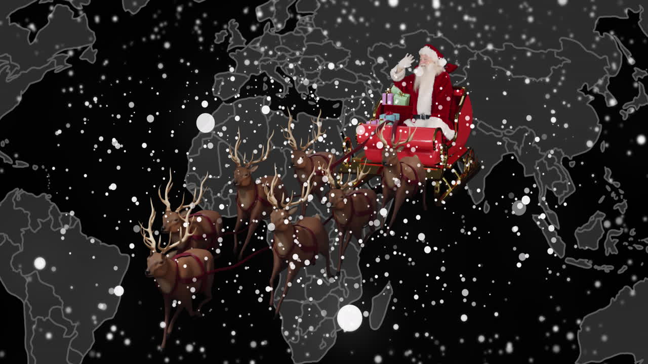 크리스마스 에 눈 이 떨어지는 애니메이션 산타클로스 가 사 ⁇  과 함께  ⁇ 매 를 타고 있다