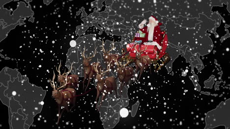 animación de nieve cayendo sobre la navidad santa claus en trineo con renos