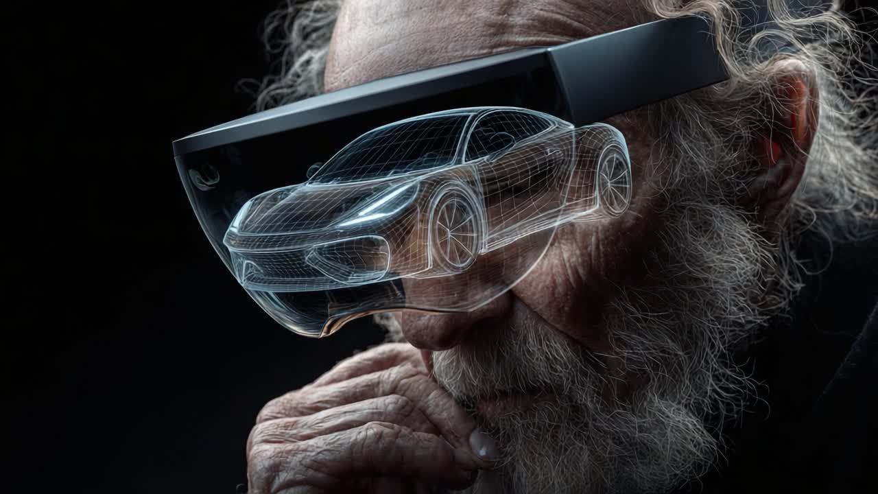 An inspired elder wearing advanced augmented reality glasses thoughtfully examines a digital representation of a futuristic car, bridging the gap between imagination and technology in a striking contrast of old and new